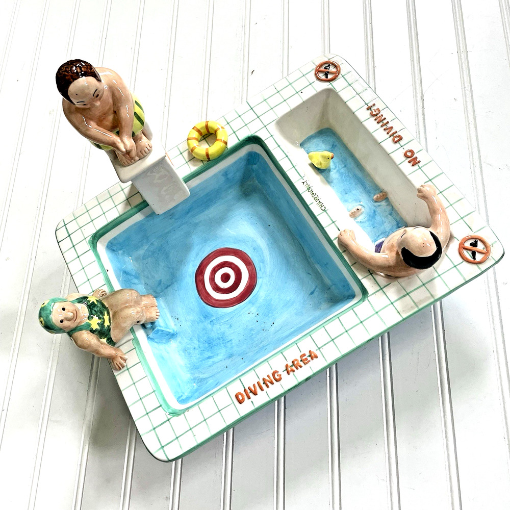 Vintage Lotus 1990s Ceramic Pool Party Chip Dip Dish Bowl No Diving Summer Fun